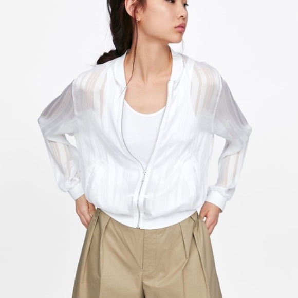Zara Basic Women White Sheer Striped Jacket - Picture 2 of 11